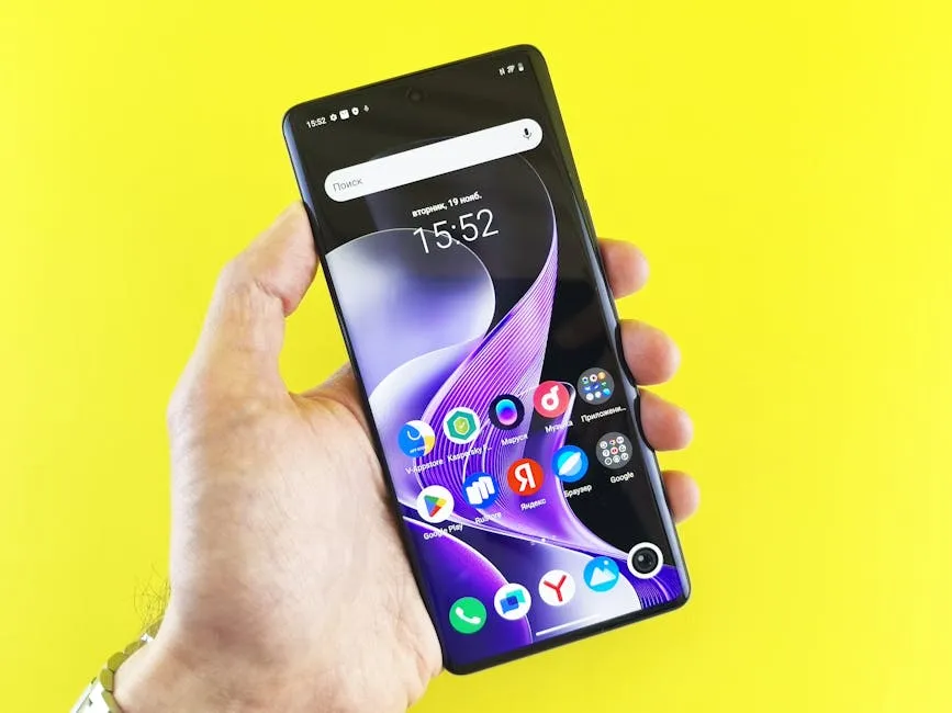 يد تمسك هاتف أندرويد يعرض الشاشة الرئيسية بعد الانتقال من آيفون