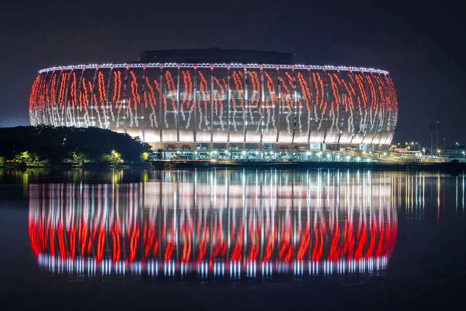 ملعب كأس العالم ليلاً يعكس أجواء بطولة فيفا 26