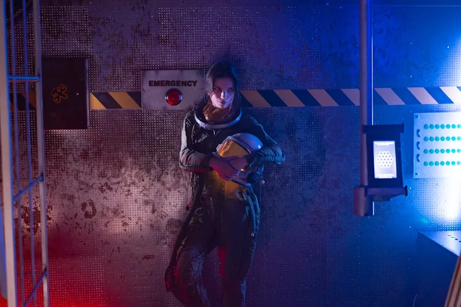شخصية أنثى بزي فضاء داخل مركبة فضائية مستقبلية تشبه مكان قصة لعبة Pragmata